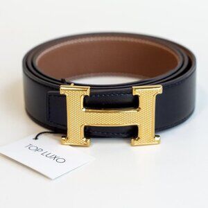 Men’s Hermes Reversible Leather Belt with Gold Plated Logo Buckle